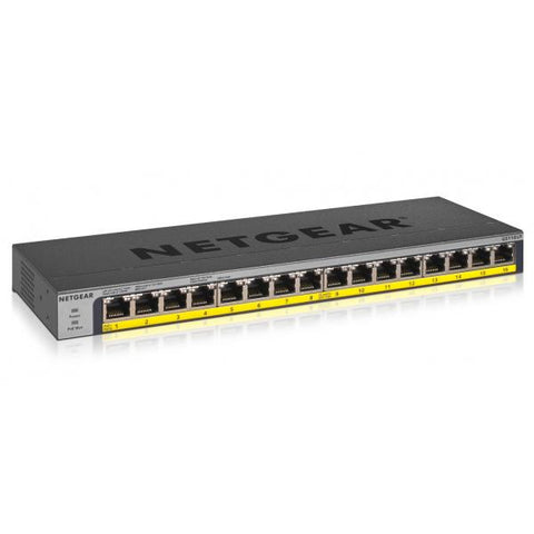 NETGEAR GS116LP Non gestito Gigabit Ethernet [10/100/1000] Supporto Power over Ethernet [PoE] Nero (NETGEAR GS116LP - Switch - 16 x 10/100/1000 [PoE+] - desktop, rack-mountable, wall-mountable - PoE+