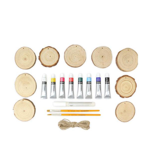 DALER ROWNEY SIMPLY WOOD PAINTING KIT CREATIVO CON 8 BARATTOLINI DI COLORI ACRILICI DA 18 ML 1 MARCATORE 2 PENNELLI 1 CORDA E 9 SEZIONI CIRCOLARI IN LEGNO