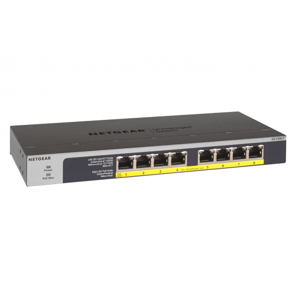 NETGEAR GS108LP Non gestito Gigabit Ethernet [10/100/1000] Supporto Power over Ethernet [PoE] 1U Nero, Grigio (Netgear GS108LP-100EUS 8PT POE/POE+ GIGABIT UNMANAGED SWCH [GS108LP] [Lifetime warranty]
