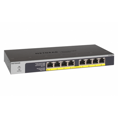 NETGEAR GS108LP Non gestito Gigabit Ethernet [10/100/1000] Supporto Power over Ethernet [PoE] 1U Nero, Grigio (8-PORT FLEX UNMANAGED SWITCH - GIGABIT ETHERNET POE/POE+)