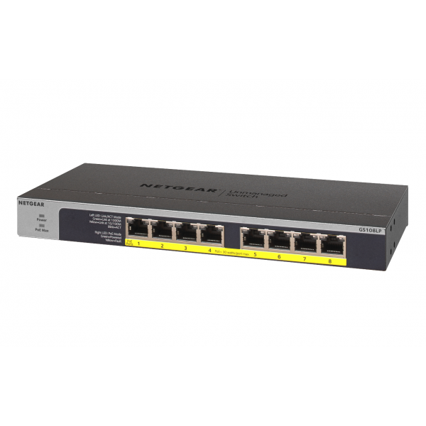 NETGEAR GS108LP Non gestito Gigabit Ethernet [10/100/1000] Supporto Power over Ethernet [PoE] 1U Nero, Grigio (Netgear GS108LP-100EUS 8PT POE/POE+ GIGABIT UNMANAGED SWCH [GS108LP] [Lifetime warranty]