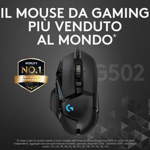 LOGITECH G502 MOUSE GAMING HERO PRESTAZIONI ELEVATE SENSORE HERO 25K 25600 DPI RGB PESI REGOLABILI 11 PULSANTI PROGRAMMABILI MEMORIA INTEGRATA PER PC/MAC/LAPTOP NERO