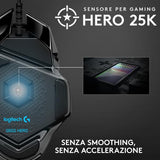 LOGITECH G502 MOUSE GAMING HERO PRESTAZIONI ELEVATE SENSORE HERO 25K 25600 DPI RGB PESI REGOLABILI 11 PULSANTI PROGRAMMABILI MEMORIA INTEGRATA PER PC/MAC/LAPTOP NERO