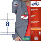AVERY KIT PORTABADGE 90X60 mm CON CLIP E 32 BADGE STAMPABILI TRASPARENTE CONF 25 Pz.