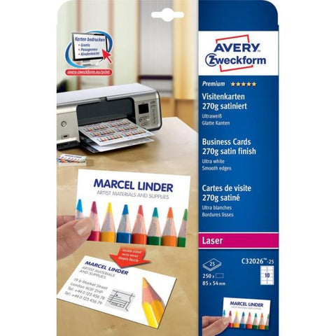 AVERY-ZWECKFORM C32026-25 CONF 250 BIGLIETTINI DA VISITA 84x54 MM PER STAMPANTI LASER/INKJET 270 GR/M2 BIANCO OPACO