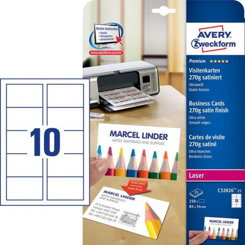 AVERY-ZWECKFORM C32026-25 CONF 250 BIGLIETTINI DA VISITA 84x54 MM PER STAMPANTI LASER/INKJET 270 GR/M2 BIANCO OPACO
