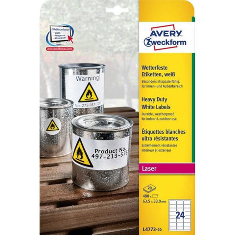 AVERY-ZWECKFORM L4773-20 CONF 480 ETICHETTE 33.9x63.5 MM AUTOADHESIVO BIANCO 