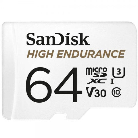 SANDISK HIGH ENDURANCE MICROSD 64GB Video Class V30 / UHS-I U3 / Class10 UHS-I microSDXC adattatore da microSDXC a SD in dotazione