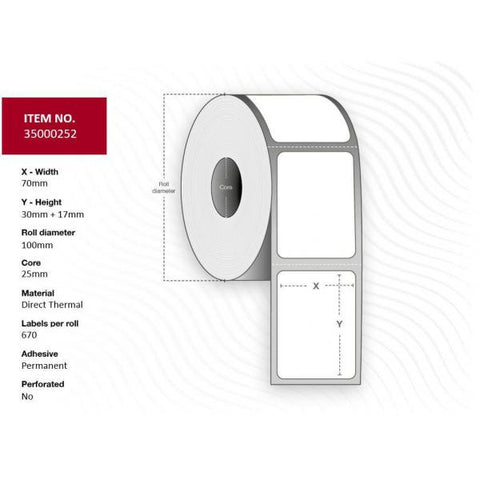 Capture 35000252 etichetta per stampante Bianco (Label 70x30x17 - Core 25. - Diameter 100mm, White. - Uncoated. DT. Permanent. 670 labels per roll. 4 rolls per box. Black Mark)