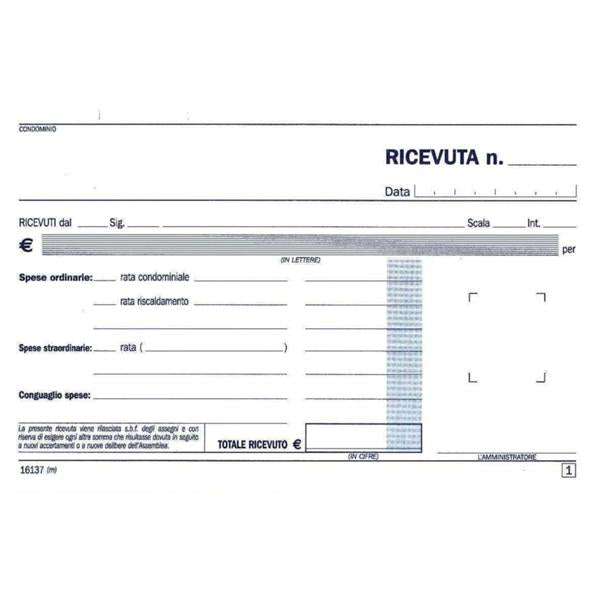 DATA UFFICIO RICEVUTE CONDOMINIO AUTOCOPIANTE 2 FOGLI BLOCCO 100 FOGLI CONF 5 PZ.