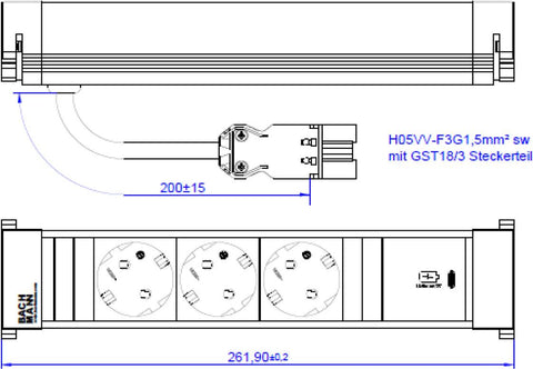 Bachmann Power Frame Steckdosenleiste Medium ALU 3xSchutzkontaktsteckdosen schwarz mit erhhtem Berhrungsschutz 1xUSB C 30W Charger Stromeingang 0,2m H05VV-F3G1,5mm mit GST18 Stecker, Zuleitung dur