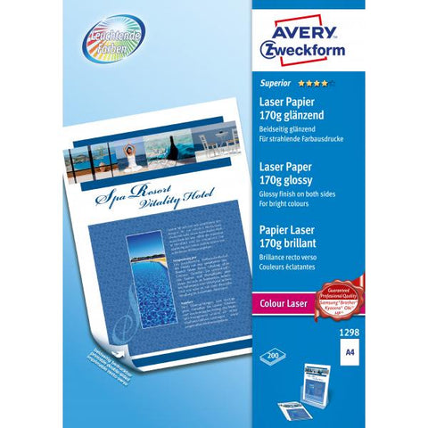 AVERY-ZWECKFORM 1298 200 FOGLI CARTA STAMPANTI LASER 170 GR/M2 FORMATO A4 BIANCO LUCIDO