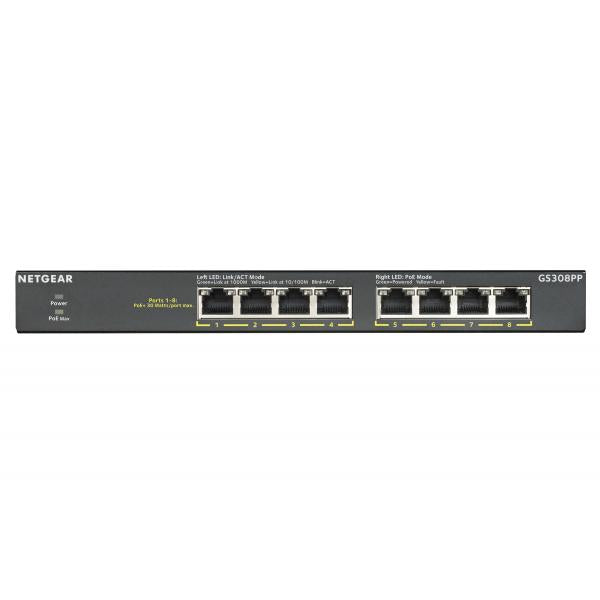 NETGEAR GS308PP Non gestito Gigabit Ethernet [10/100/1000] Supporto Power over Ethernet [PoE] Nero (8-PORT GB POE+ FLEX SWITCH - FANLESS)