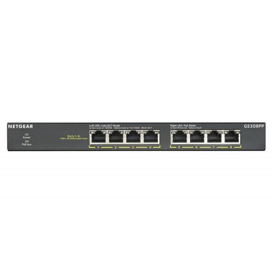 NETGEAR GS308PP Non gestito Gigabit Ethernet [10/100/1000] Supporto Power over Ethernet [PoE] Nero (8-PORT GB POE+ FLEX SWITCH - FANLESS)