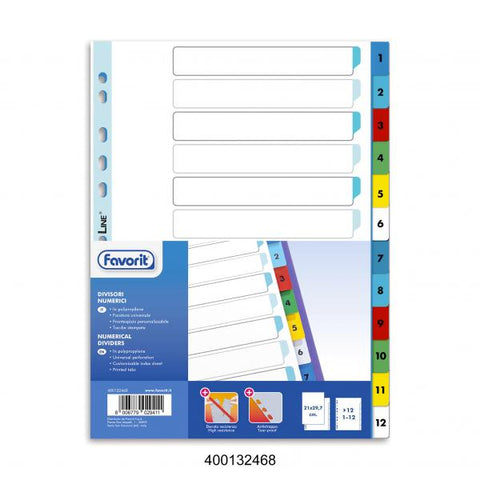 FAVORIT INTERCALARE NUMERICO 1-12 IN PP 225X297 mm 12 TASTI COLORI ASSORTITI