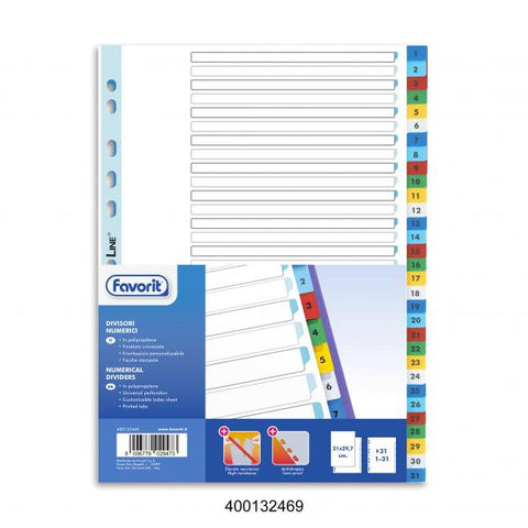 FAVORIT INTERCALARE NUMERICO 1-12 IN PP 225X297 mm 12 TASTI COLORI ASSORTITI