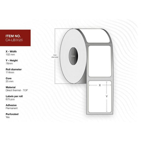 Capture CA-LB3026 etichetta per stampante Bianco (Label 102x76, Core 25, - Diameter 114 mm. Thermal - print. Top coated. Permanent. 675 labels per roll. 16 rolls per box.)