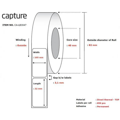 Capture CA-LB3047 etichetta per stampante Bianco (Label 105x32, Core 40, - Diameter 82 mm. Thermal - print. Top coated. Permanent. 850 labels per roll. 28 rolls per box.)