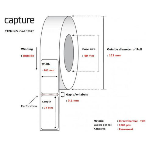 Capture CA-LB3042 etichetta per stampante Bianco (Label 102x74, Core 40, - Diameter 121 mm. Thermal - print. Top coated. Permanent. 1000 labels per roll. 12 rolls per box.)