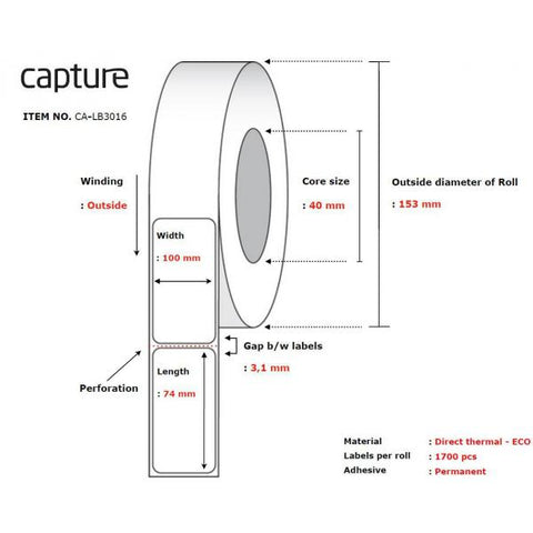 Capture CA-LB3016 etichetta per stampante Bianco (Label 100x74, Core 40, - Diameter 153 mm. Thermal - print. Uncoated. Permanent. 1700 labels per roll. 8 rolls per box.)