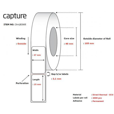 Capture CA-LB3065 etichetta per stampante Bianco (Label 47x25, Core 40, - Diameter 105 mm. Thermal - print. Uncoated. Permanent. 2000 labels per roll. 12 rolls per box.)