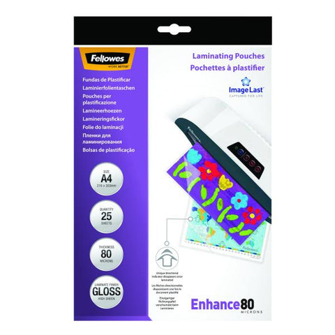 FELLOWES ENHANCE80 POUCHES LUCIDE A4 80 MY COL. TRASPARENTE CONF 25 Pz.