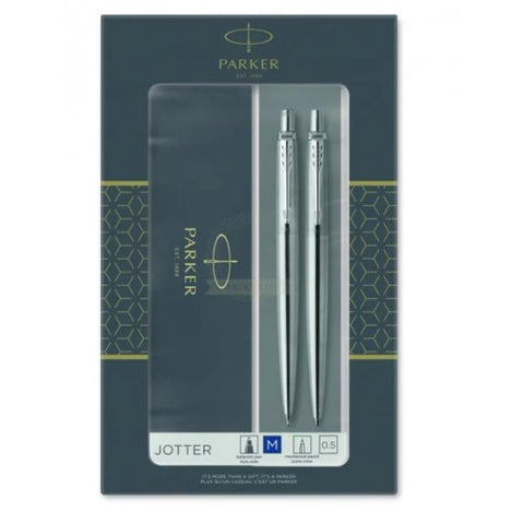 PARKER JOTTER DUO SET CON PENNA A SFERA E PORTAMINE IN ACCIAIO CON FINITURE CROMATE INCHIOSTRO BLU CONFEZIONE REGALO