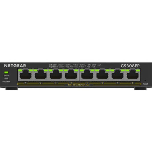 NETGEAR 8-Port Gigabit Ethernet PoE+ Plus Switch [GS308EP] Gestito L2/L3 Gigabit Ethernet [10/100/1000] Supporto Power over Ethernet [PoE] Nero (NETGEAR Plus GS308EP - Switch - intelligente - 8 x 10/