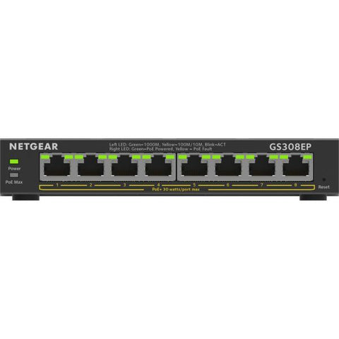 NETGEAR 8-Port Gigabit Ethernet PoE+ Plus Switch [GS308EP] Gestito L2/L3 Gigabit Ethernet [10/100/1000] Supporto Power over Ethernet [PoE] Nero (Netgear 8Port Switch 10/100/1000 GS308EP)