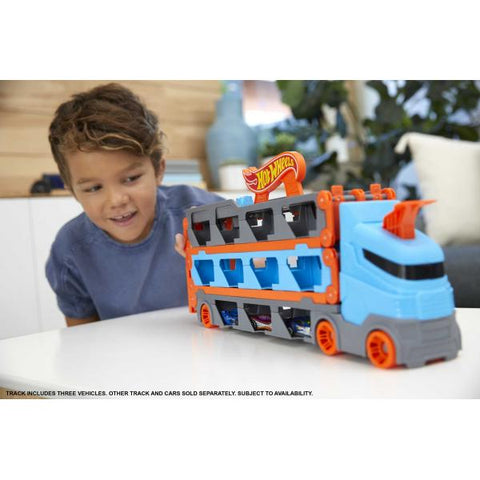 HOT WHEELS CAMION 2 IN 1 TRASPORTATORE E PISTA CON 3 MACCHININE