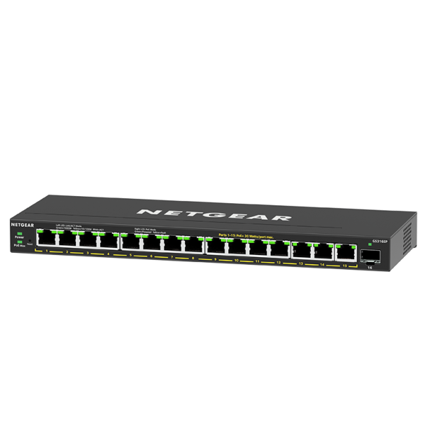 NETGEAR GS316EP-100PES switch di rete Gestito Gigabit Ethernet [10/100/1000] Supporto Power over Ethernet [PoE] Nero (Netgear 16Port Switch 10/100/1000 GS316EP)