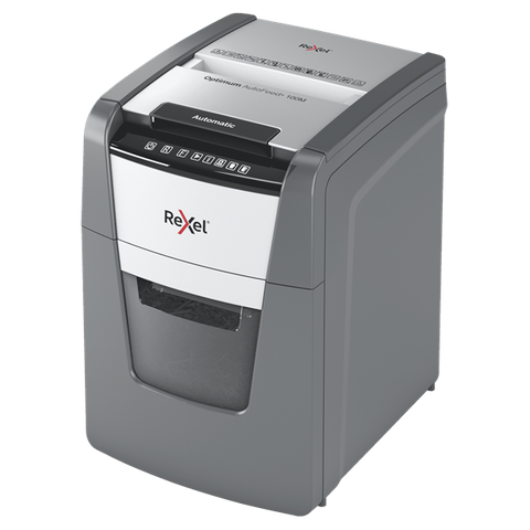 REXEL OPTIMUM AUTOFEED+ 100M DISTRUGGIDOCUMENTI A MICROPARTICELLE CESTINO 34 LT CAPACITA' 100 FOGLI GRIGIO