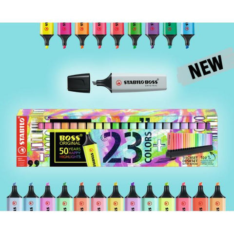 STABILO BOSS ORIGINAL EVIDENZIATORE PUNTA A SCALPELLO 2/5 MM COLORI ASSORTITI NEON E PASTELLO CONF 23 PZ.