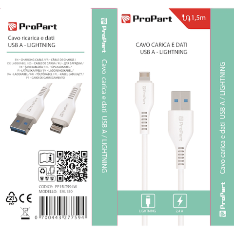 ProPart Cavo Lightning Apple 5V 2.4A 1.5mt Carica e dati Bianco