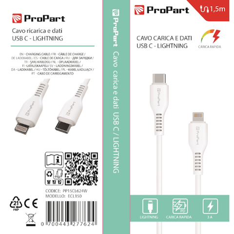 ProPart Cavo Lightning - Tipo-C 3A 1.5mt Carica Rapida e dati Bianco