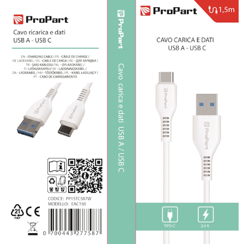 ProPart Cavo Carica e Dati Tipo-C 2.4 A. Lunghezza 1.5 metri Bianco