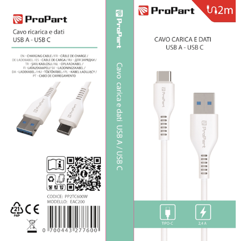 ProPart Cavo Carica e Dati Tipo-C 2.4 A. Lunghezza 2 metri Bianco