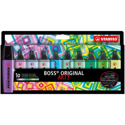 STABILO BOSS ORIGINAL ARTY EVIDENZIATORE PUNTA A SCALPELLO 2/5 mm COLORI FREDDI ASSORTITI CONF 10 Pz.