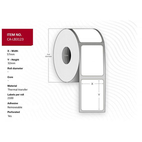 Capture CA-LB3123 etichetta per stampante Bianco Etichetta per stampante autoadesiva (Label 57 x 32 mm. Core 25, - Thermal Transfer. Removable, - 2100 labels per roll. 12 rolls per box. Thermal trans