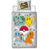 Set letto reversibile - POKEMON - Pikachu e Starter - Grigio - Microfibra - 1 copripiumino 140 x 200 cm + 1 federa 63 x 63 cm