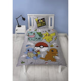 Set letto reversibile - POKEMON - Pikachu e Starter - Grigio - Microfibra - 1 copripiumino 140 x 200 cm + 1 federa 63 x 63 cm