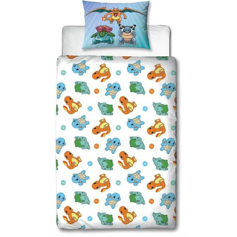 Set letto reversibile - POKEMON - Pikachu e Starter - Blu - Microfibra - 1 copripiumino 140 x 200 cm + 1 federa 63 x 63 cm