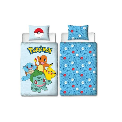 Set letto reversibile - POKEMON - Pikachu e Starter 1G III - Microfibra - 1 copripiumino 140 x 200 cm + 1 federa 63 x 63 cm