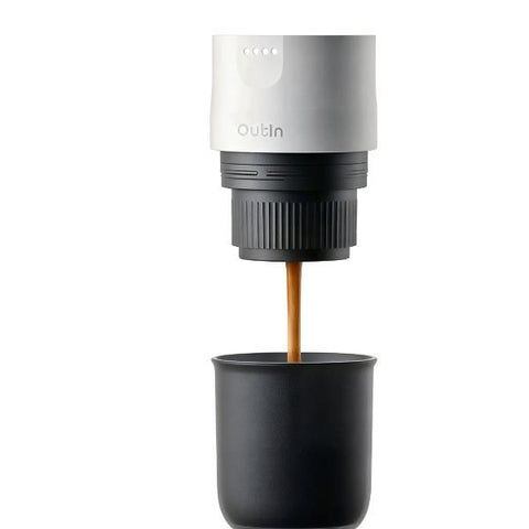 OutIn OTEM-01-PW Przeno?ny elektryczny ekspres do kawy, Wei?, Kaffeekapsel, Gemahlener Kaffee, 20 bar, 92 ?C, 7500 mAh, 2,5 h