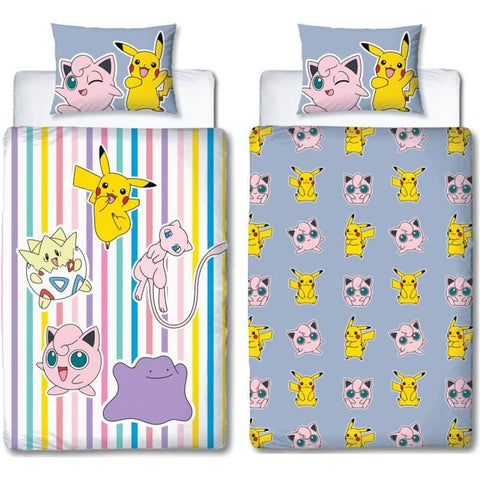 Set di biancheria da letto reversibile - POKEMON - Pikachu, Mew, Togepi, Jigglypuff e Ditto - Microfibra - 140 x 200 cm + 1 federa 63 x 63 cm