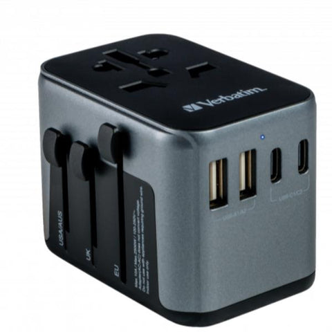 VERBATIM UNIVERSAL GaN III ADATTATORE UNIVERSALE DA VIAGGIO PER TUTTE LE SPINE DEL MONDO 30 W 2 x USB-C 2 x USB-A NERO