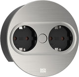 Bachmann TWIST 2 Metallische Abdeckscheibe rund, Edelstahl-Optik, 2xSchutzkontaktsteckdosen schwarz mit erhhtem Berhrungsschutz, Zuleitung 2,0m H05VV-F3G1,5mm schwarz mit Aderendhlsen und beigele