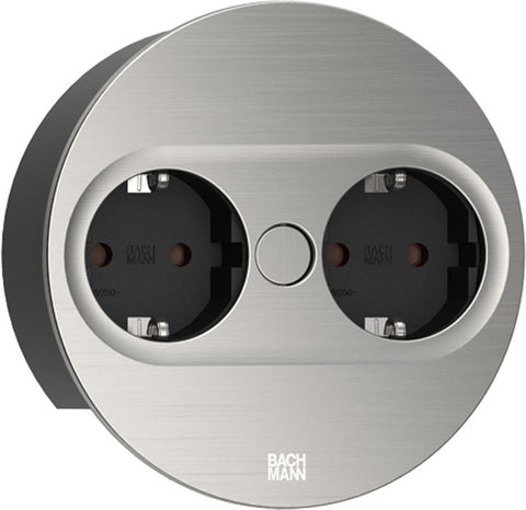Bachmann TWIST 2 Metallische Abdeckscheibe rund, Edelstahl-Optik, 2xSchutzkontaktsteckdosen schwarz mit erhhtem Berhrungsschutz, Zuleitung 2,0m H05VV-F3G1,5mm schwarz mit Aderendhlsen und beigele