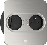 Bachmann TWIST 2 Metallische Abdeckscheibe eckig, Edelstahl-Optik, 1xUTE Frankreich Steckdose schwarz mit erhhtem Berhrungsschutz, 1xUSB A/C 22W Charger, Zuleitung 2,0m H05VV-F3G1,5mm schwarz mit